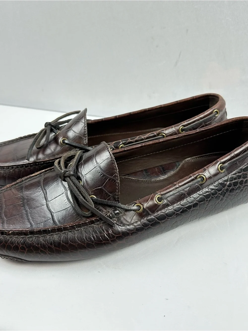 Cole Haan Men's Dark Brown Croc-Embossed Leather Boat Shoes